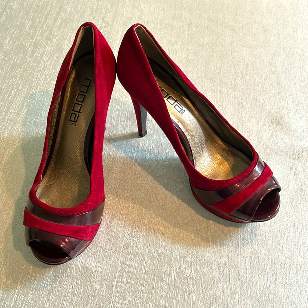 Moda Two Tone Red Heel Open Peep Toe Suede Patent Leather Pumps Sz 8 Womens